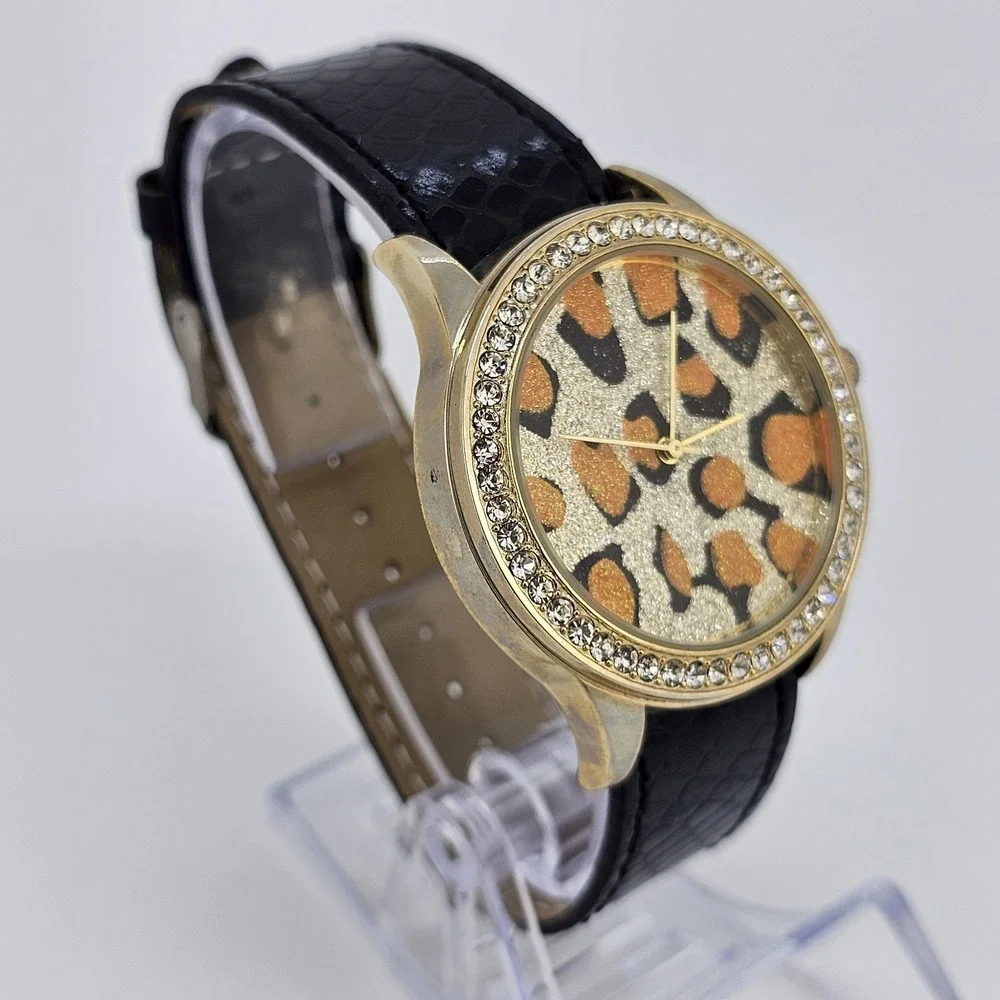 40MM Women's Watch Animal Print Dial Black Faux Leather‎ Band New Battery